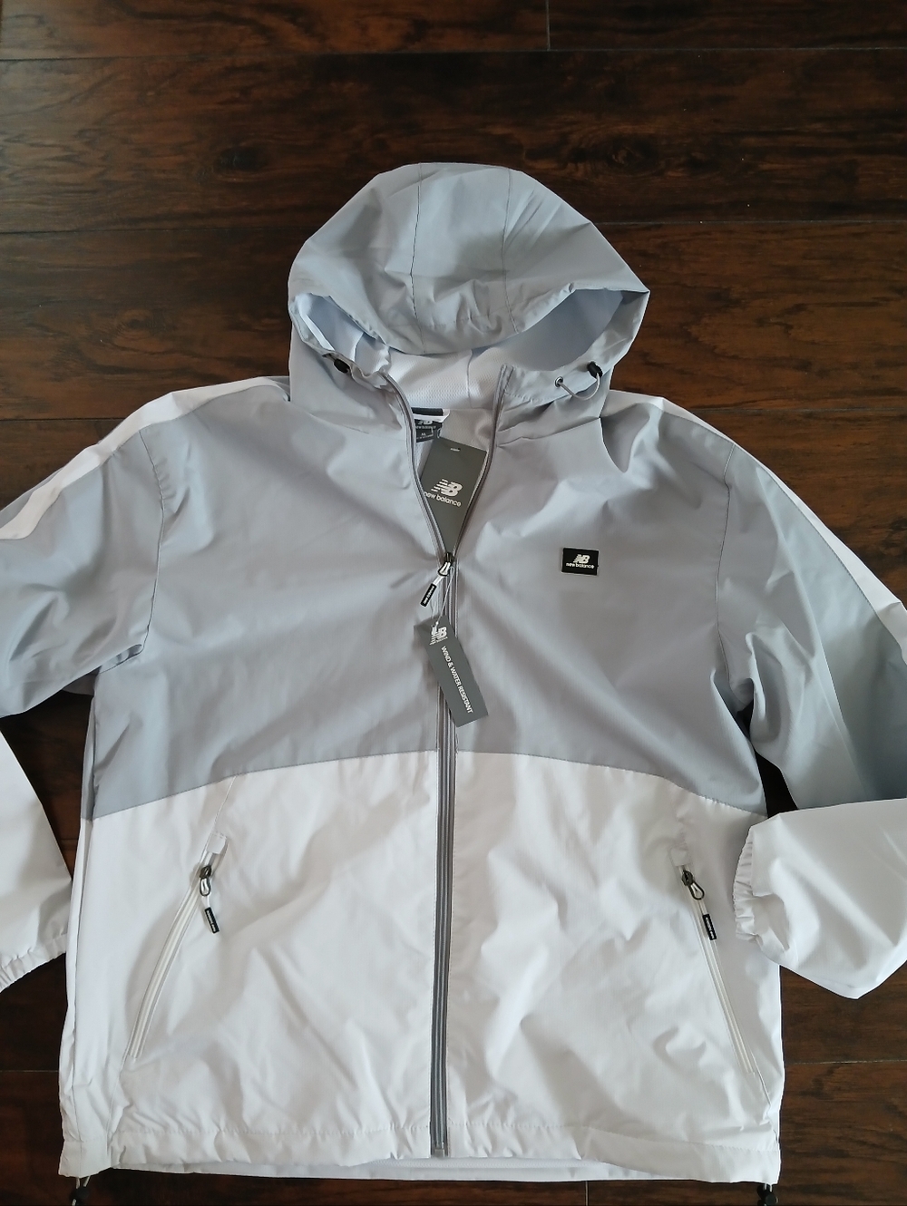 Men's New Balance Hooded Two-Tone Windbreaker Jacket - Light Gray & White